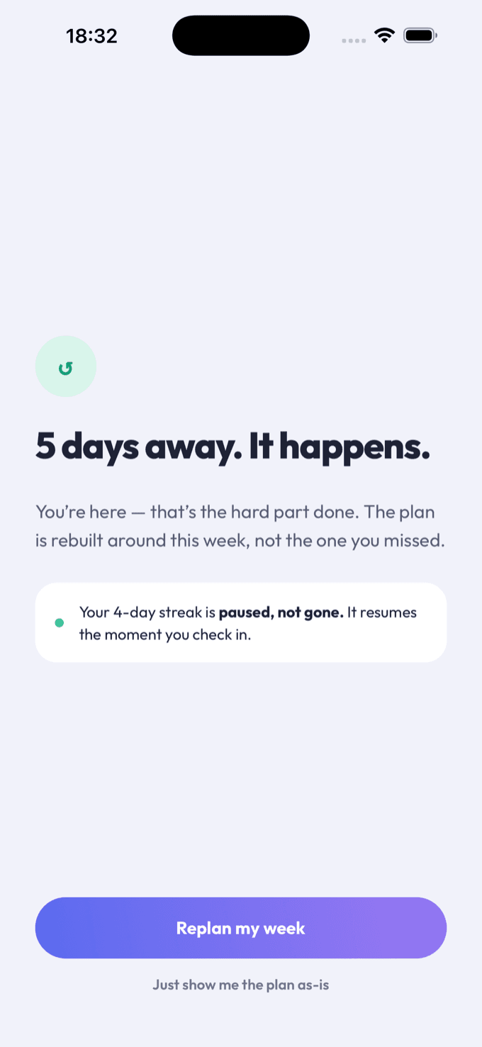 Comeback screen showing a paused streak after five days away